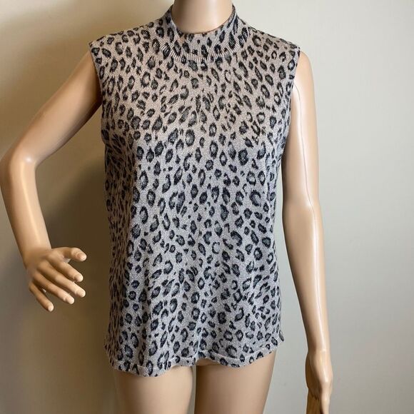 Kathie Lee Collection leopard print metallic sleeveless turtleneck top size L - Picture 1 of 6